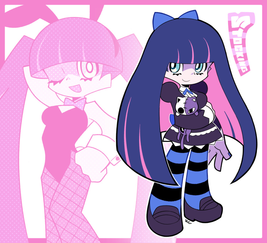 1girl artsy-rc bangs black_hair black_legwear blue_bow blue_eyes blue_legwear blunt_bangs bow closed_mouth hair_bow highres long_hair looking_at_viewer multicolored_hair panty_&amp;_stocking_with_garterbelt pantyhose pink_hair playboy_bunny purple_nails smile solo stocking_(psg) striped striped_legwear two-tone_hair