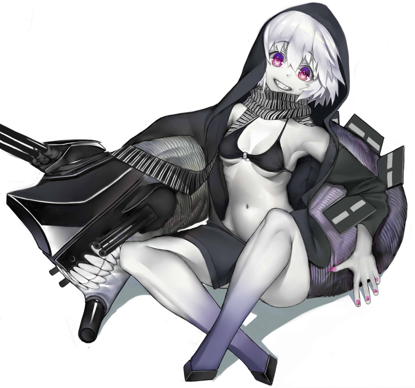 1girl abyssal_ship bikini black_bikini black_hoodie breasts claws crossed_legs eyebrows_visible_through_hair full_body hair_between_eyes highres hood hoodie kantai_collection looking_at_viewer navel nyatabe o-ring o-ring_bikini o-ring_top pale_skin pink_nails re-class_battleship ribs scarf short_hair silver_hair simple_background sitting small_breasts smile stomach striped striped_scarf swimsuit tail vertical_stripes violet_eyes white_background