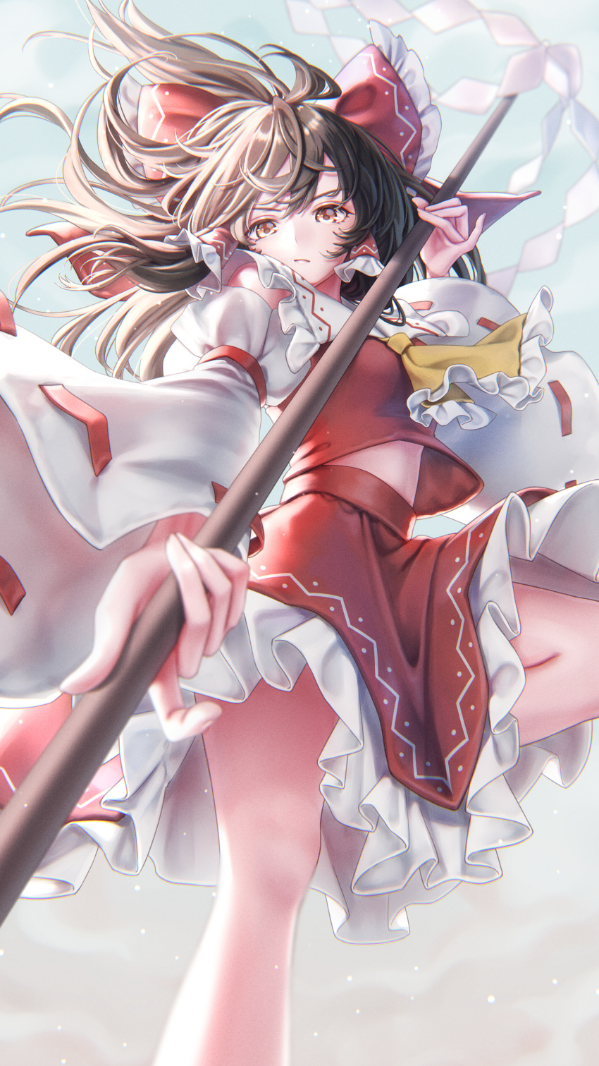 1girl absurdres ascot bangs bare_shoulders breasts brown_eyes brown_hair closed_mouth detached_sleeves floating floating_hair foot_out_of_frame foreshortening frilled_hair_tubes frills gohei hair_tubes hakurei_reimu highres holding holding_stick huge_filesize long_hair looking_at_viewer midriff_peek petticoat red_ribbon red_skirt red_vest ribbon ribbon-trimmed_sleeves ribbon_trim serious skirt sky small_breasts solo stick torinari_(dtvisu) touhou vest wide_sleeves yellow_neckwear
