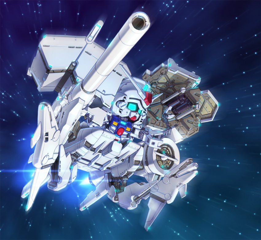 blue_eyes chibi clenched_hands dendrobium_schema flying glowing glowing_eyes gundam gundam_0083 gundam_gp-03_stamen looking_to_the_side mecha mobile_armor mobile_suit no_humans science_fiction solo space susagane textless v-fin