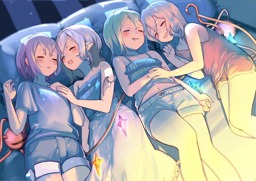 4girls bare_shoulders bed blonde_hair blue_hair blue_shorts blush camisole closed_eyes crystal demon_wings dress face-to-face fang flandre_scarlet green_camisole green_hair green_shorts grey_shirt highres holding_hands komeiji_koishi komeiji_satori lying multiple_girls navel on_back on_side open_mouth pillow pink_hair pointy_ears red_shorts red_tank_top remilia_scarlet shirt short_hair short_shorts short_sleeves shorts siblings sisters sleeping soku_(bluerule-graypray) strapless strapless_dress tank_top thighs third_eye touhou white_dress wings yuri