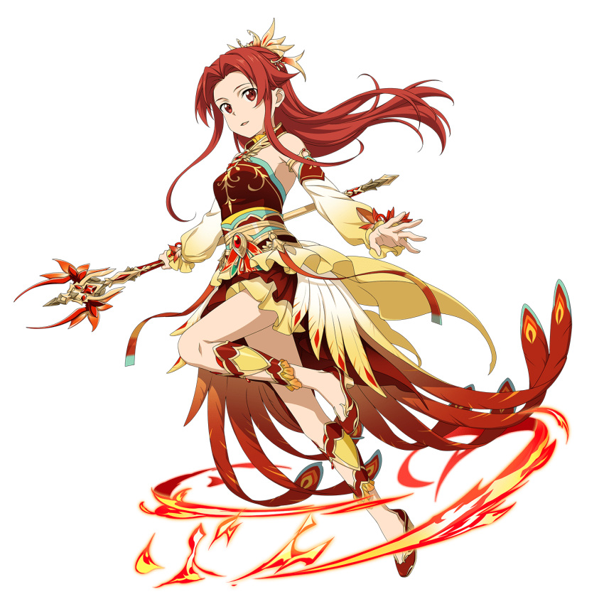 1girl detached_sleeves dress floating_hair full_body gradient_sleeves hair_intakes highres holding holding_staff layered_dress leg_up long_hair long_sleeves official_art open_mouth pumps red_dress red_eyes red_footwear redhead shiny shiny_hair short_dress sleeveless sleeveless_dress smile solo staff sword_art_online sword_art_online:_memory_defrag tiese_schtrinen transparent_background very_long_hair yellow_sleeves