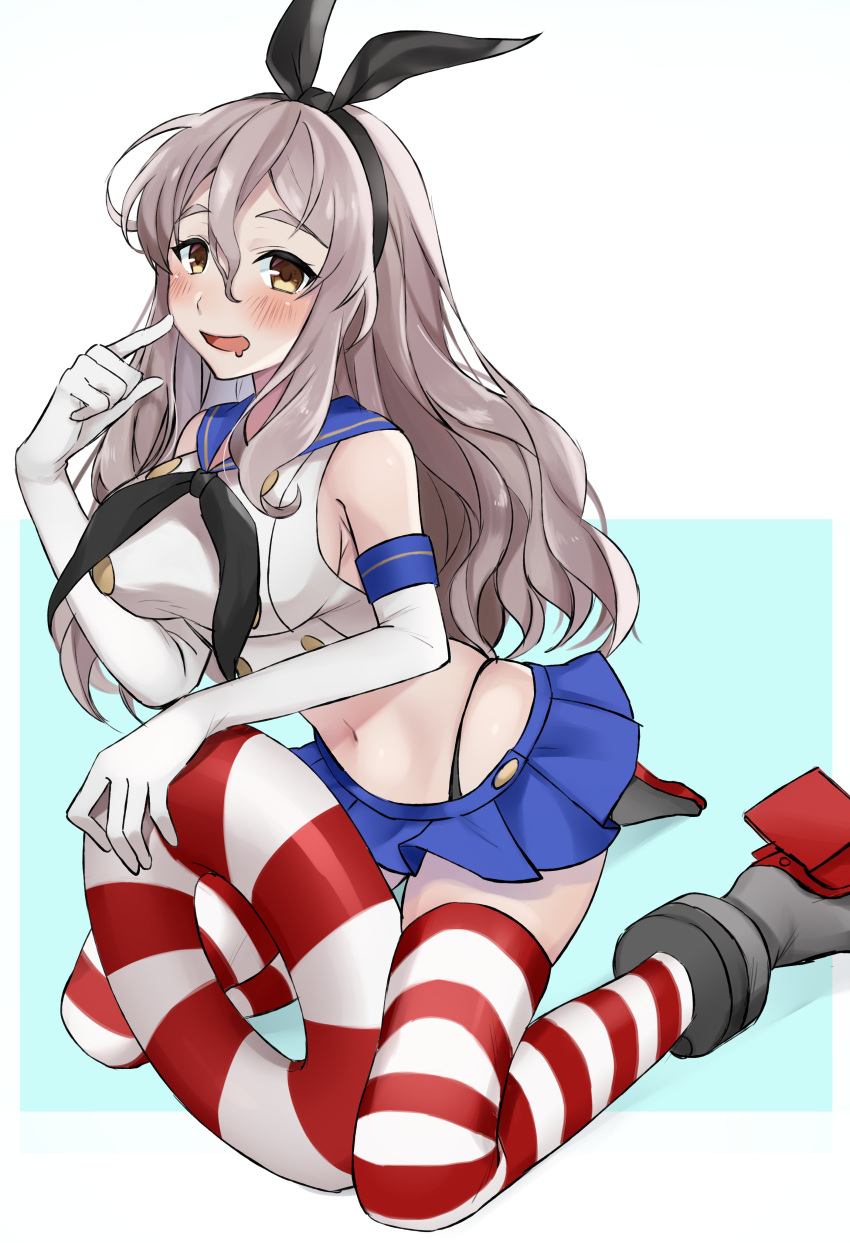 1girl absurdres black_neckwear black_panties blue_sailor_collar blue_skirt blush breasts brown_eyes brown_hair cosplay crop_top elbow_gloves gloves hair_between_eyes highleg highleg_panties highres innertube kantai_collection large_breasts long_hair miniskirt mouth_drool neckerchief open_mouth panties pleated_skirt pola_(kancolle) rudder_footwear sailor_collar school_uniform serafuku shimakaze_(kancolle) shimakaze_(kancolle)_(cosplay) skirt sleeveless solo striped striped_legwear thigh-highs toriniku_senshi_chikinman underwear wavy_hair white_gloves