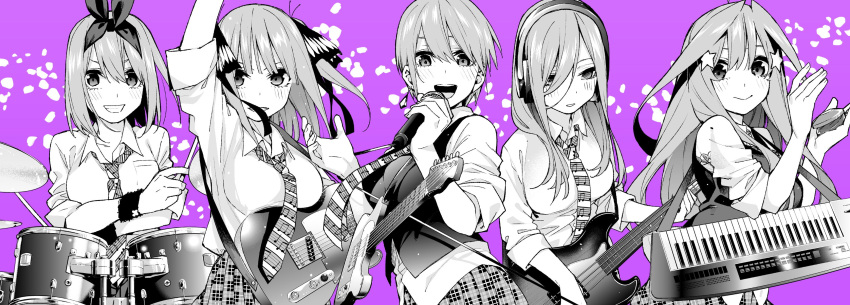 5girls absurdres bangs black_wristband blush breasts checkered checkered_skirt closed_mouth collared_shirt commentary_request drum earrings go-toubun_no_hanayome greyscale guitar hair_between_eyes hair_ornament hair_ribbon hairband haruba_negi headphones highres holding holding_instrument holding_microphone instrument jewelry long_bangs looking_at_viewer microphone monochrome multiple_girls musical_note nakano_ichika nakano_itsuki nakano_miku nakano_nino nakano_yotsuba necktie open_mouth partially_colored purple_background ribbon shirt short_hair siblings simple_background sisters skirt sleeves_rolled_up smile star_(symbol) star_hair_ornament upper_body vest wavy_hair white_shirt wristband