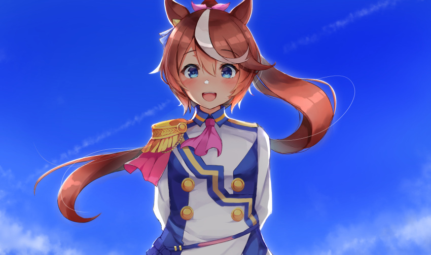 1girl :d animal_ears ascot bangs blue_eyes blue_sky blush brown_hair clouds collared_jacket commentary_request condensation_trail day epaulettes eyebrows_visible_through_hair floating_hair hair_between_eyes hair_ribbon highres horse_ears jacket long_hair multicolored_hair noa_(letizia) open_mouth outdoors pink_neckwear pink_ribbon ponytail ribbon single_epaulette sky smile solo streaked_hair tokai_teio_(umamusume) umamusume upper_body upper_teeth very_long_hair white_hair white_jacket