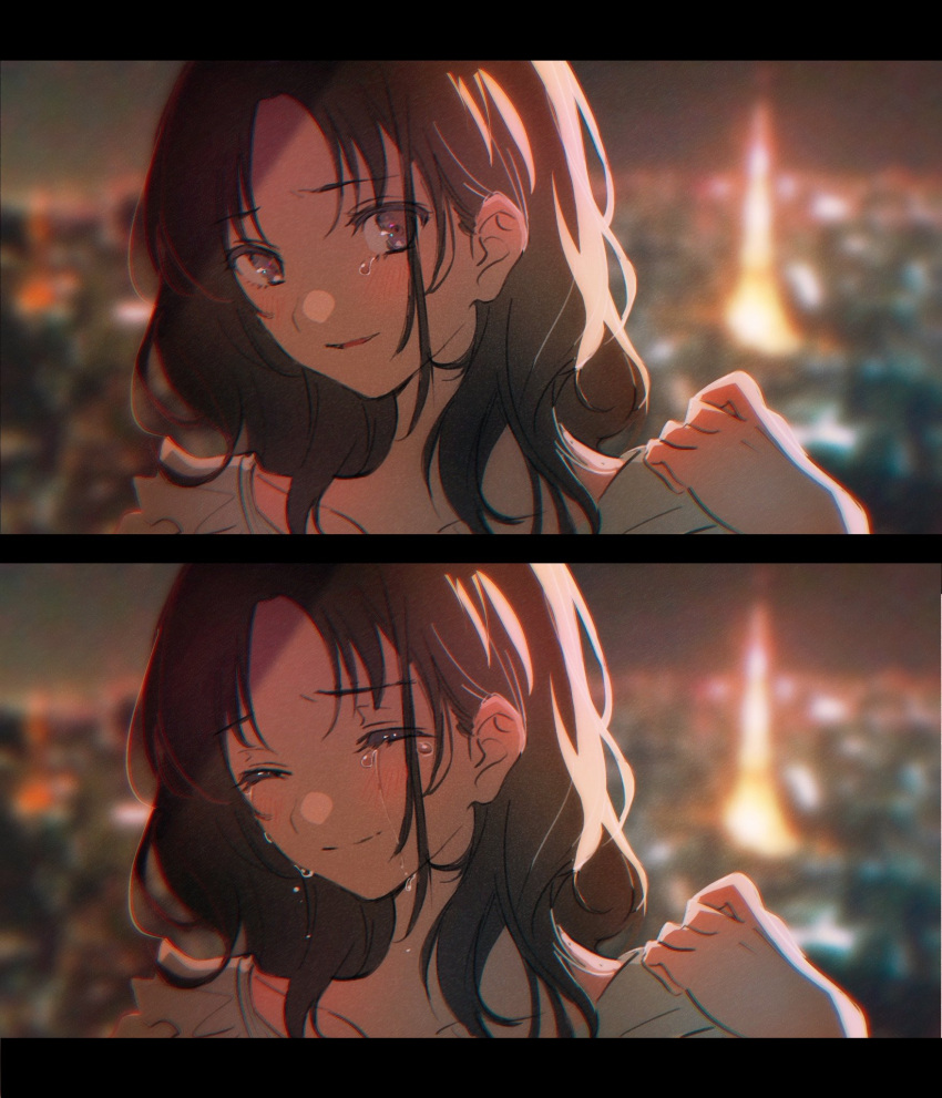 1girl blurry blurry_background blush brown_hair city city_lights cityscape closed_mouth collarbone crying crying_with_eyes_open highres hmng long_hair looking_at_viewer multiple_views night open_mouth original shirt smile tears tokyo_(city) tokyo_tower violet_eyes white_shirt