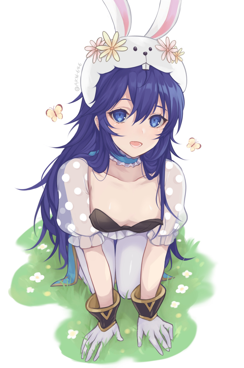 1girl absurdres all_fours animal_ears blue_eyes blue_hair breasts bug butterfly collarbone fake_animal_ears fire_emblem fire_emblem_awakening fire_emblem_heroes frilled_sleeves frills full_body gloves grass highres insect long_hair lucina_(fire_emblem) neck_garter official_alternate_costume pantyhose polka_dot rabbit_ears see-through shimizu_akina short_hair simple_background small_breasts solo strapless very_long_hair white_background white_gloves white_headwear white_legwear