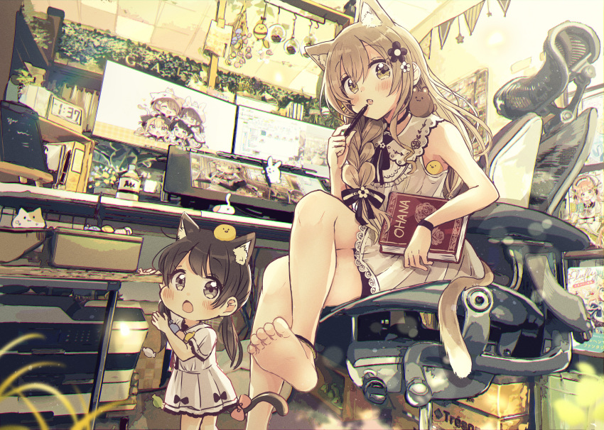 2girls :o absurdres animal_ears animal_on_head anklet bangs bare_arms bare_shoulders barefoot bird black_bow black_flower blush book bow braid brown_eyes brown_hair cat cat_ears cat_girl cat_tail chair chibi chick collared_dress desk drawing_tablet dress eyebrows_visible_through_hair fang flower hair_between_eyes hair_flower hair_ornament hair_over_shoulder highres holding holding_book holding_stylus indoors jewelry long_hair looking_at_viewer low_twintails minigirl monitor multiple_girls office_chair on_chair on_head original pennant pleated_dress rabbit romaji_text sakura_oriko short_sleeves sitting sleeveless sleeveless_dress soles standing string_of_flags stylus tail twintails very_long_hair white_dress white_flower