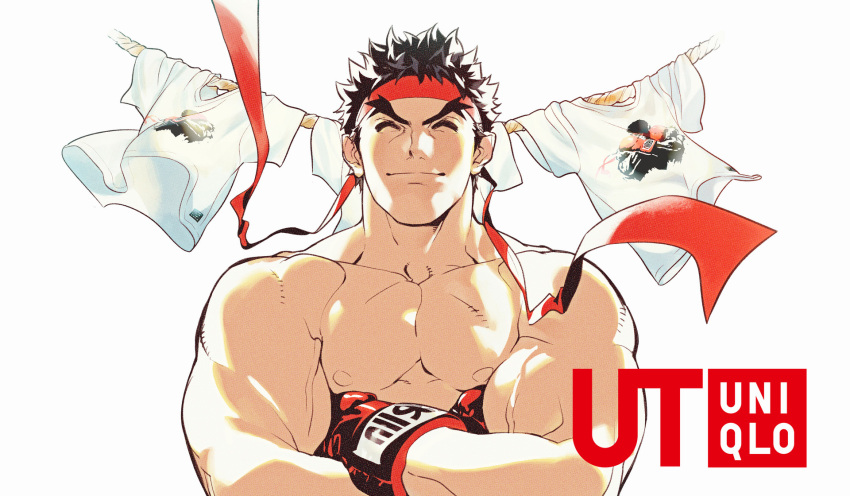 1boy ^_^ artist_request backlighting black_hair closed_eyes closed_mouth clothes facial_hair furrowed_eyebrows gloves headband highres male_focus muscular muscular_male nipples official_art pectorals pointy_hair print_shirt red_gloves red_headband rope ryu_(street_fighter) shirt shirtless short_hair smile solo street_fighter street_fighter_v stubble t-shirt tagme uniqlo upper_body veins white_background