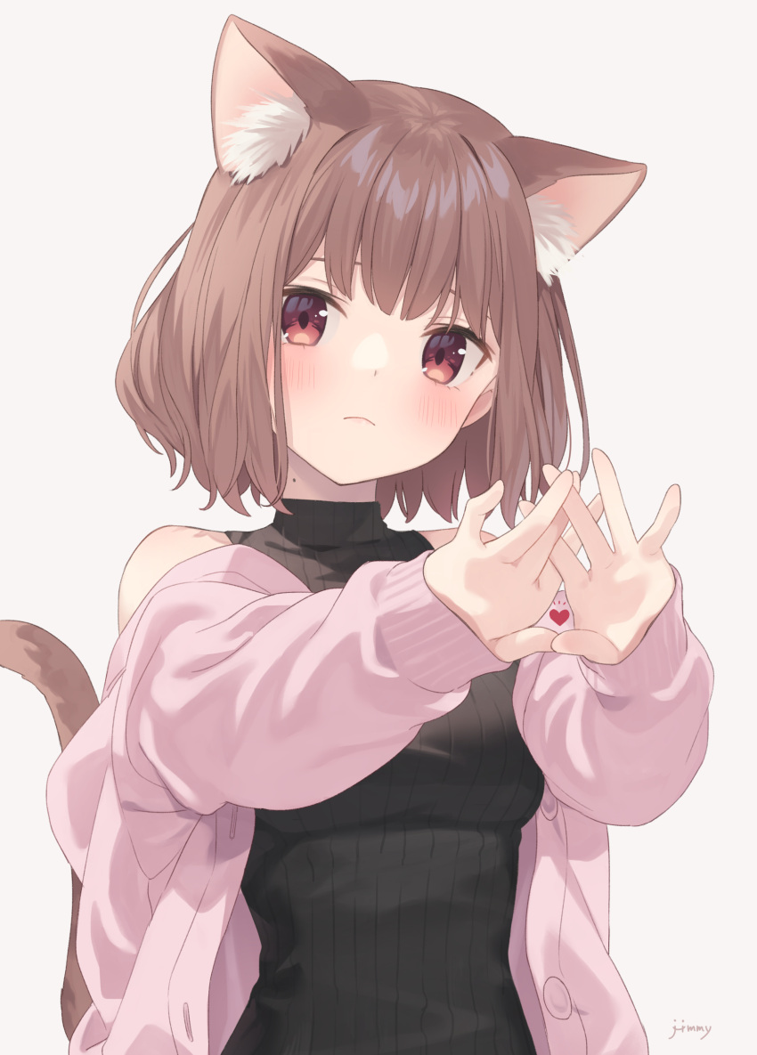 1girl absurdres animal_ear_fluff animal_ears bangs bare_shoulders black_sweater_vest breasts brown_eyes brown_hair cat_ears cat_girl cat_tail commentary_request extra_ears hands_clasped heart highres jacket jimmy_madomagi looking_at_viewer medium_breasts mole mole_on_neck off_shoulder original own_hands_together pink_jacket short_hair signature solo sweater_vest tail white_background