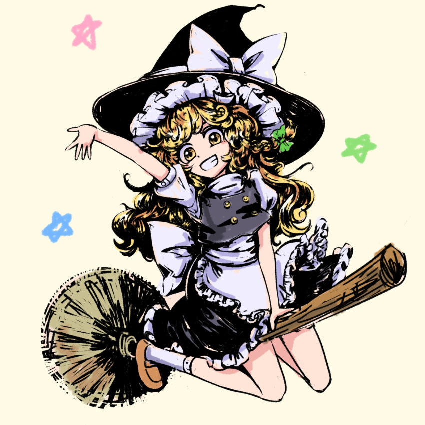 1girl apron black_dress black_headwear blonde_hair bow braid broom broom_riding buttons dress flying green_bow happy hat highres kirisame_marisa long_hair numenoko simple_background smile star_(symbol) teeth touhou witch_hat yellow_background yellow_eyes