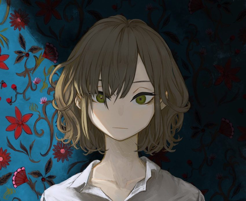 1girl brown_hair collarbone collared_shirt expressionless floral_print green_eyes highres looking_at_viewer open_collar original shadow shirt short_hair skkc_128 solo wallpaper_(object) white_shirt