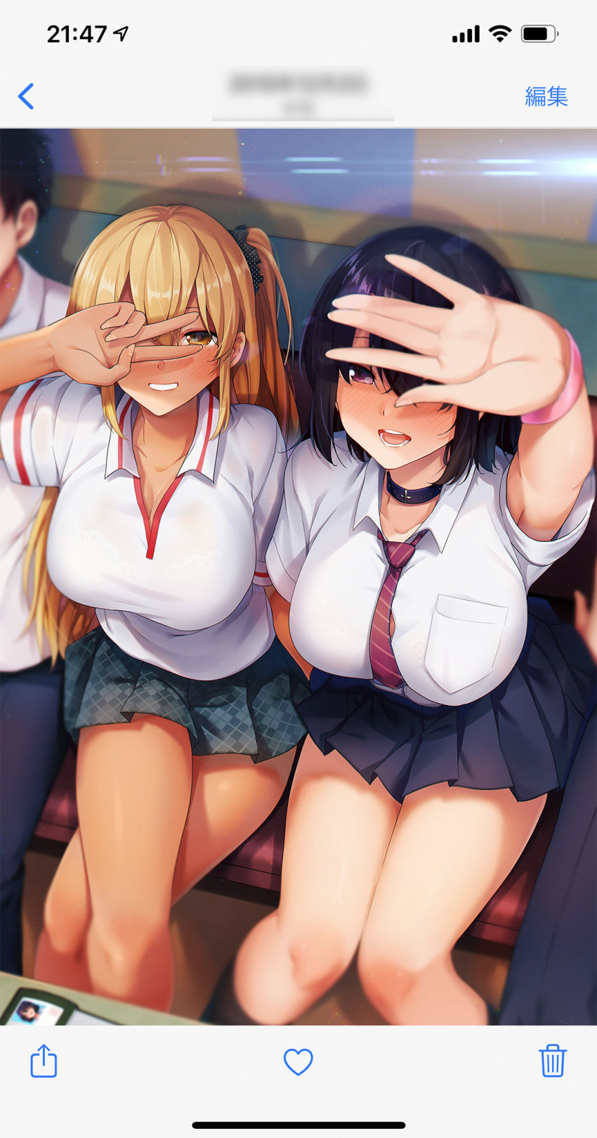 2girls arm_up bangs black_choker black_hair blonde_hair blue_skirt blush breasts choker collared_shirt commentary_request crossed_legs dress_shirt from_above hair_between_eyes highres id_card jewelry large_breasts miniskirt multiple_girls necklace open_mouth original outstretched_hand pink_eyes pleated_skirt red_neckwear ryouma_(galley) school_uniform selfie shirt short_hair side_ponytail sitting skirt smile striped striped_neckwear tan thighs v white_shirt wristband