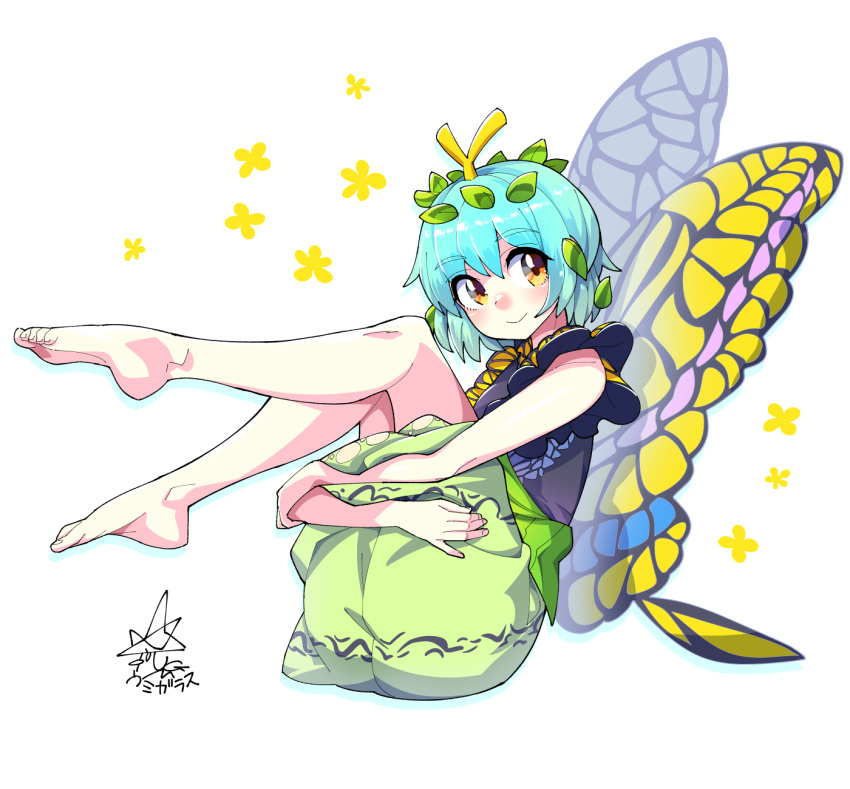 1girl antennae aqua_hair bangs barefoot black_shirt butterfly_wings closed_mouth commentary_request eternity_larva eyebrows_visible_through_hair full_body green_skirt highres leaf leaf_on_head leg_hug looking_at_viewer partial_commentary shirt short_hair short_sleeves simple_background skirt smile solo star_(symbol) touhou umigarasu_(kitsune1963) white_background wings yellow_eyes yellow_wings