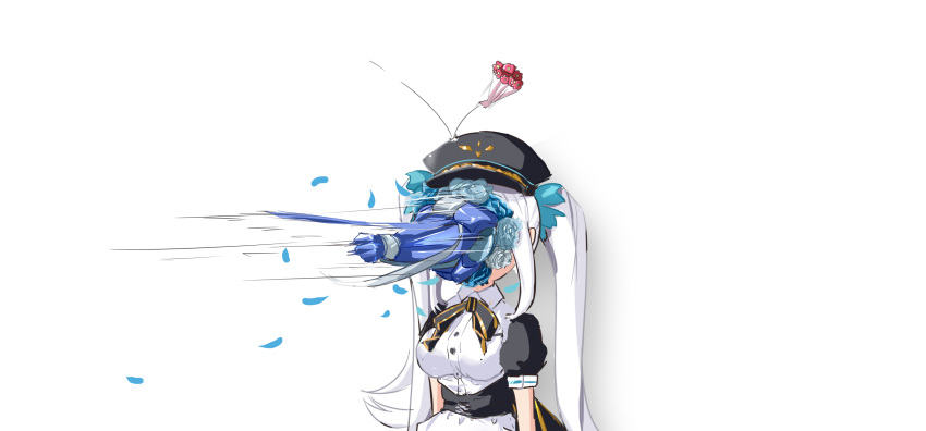 1girl black_headwear blue_flower blue_ribbon bouquet collared_dress commentary_request flower hair_ribbon hat highres kagura_gumi kagura_mea motion_lines peaked_cap puffy_short_sleeves puffy_sleeves ribbon ruhuayoyo short_sleeves simple_background solo twintails virtual_youtuber white_background white_hair