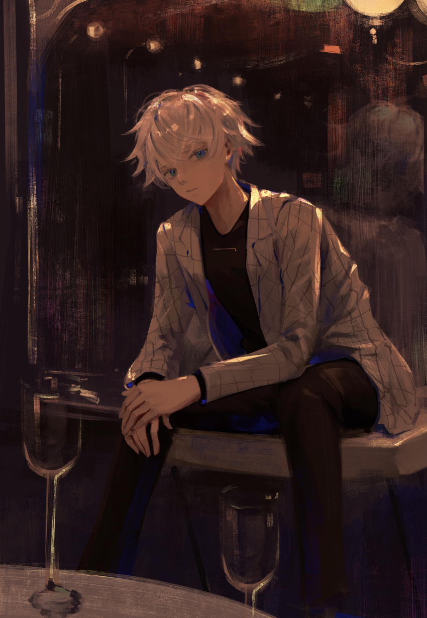 1boy 7ife absurdres arms_on_knees black_shirt blue_eyes cup drinking_glass feet_out_of_frame gojou_satoru head_tilt highres indoors jacket jujutsu_kaisen leaning_forward looking_at_viewer male_focus open_clothes open_jacket shirt short_hair silver_hair sitting solo suit_jacket white_jacket wine_glass