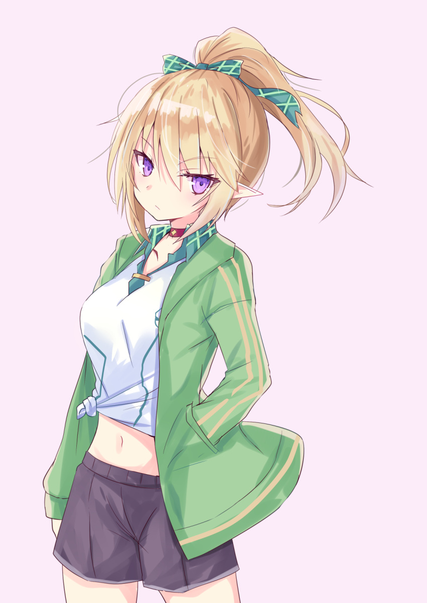 1girl bangs black_shorts blonde_hair breasts chloe_(princess_connect!) closed_mouth collarbone collared_shirt commentary_request crop_top eyebrows_visible_through_hair green_jacket hair_between_eyes hand_in_pocket high_ponytail highres hizaka jacket medium_breasts midriff navel open_clothes open_jacket pink_background pointy_ears ponytail princess_connect! princess_connect!_re:dive shirt short_shorts shorts simple_background solo tied_shirt violet_eyes white_shirt
