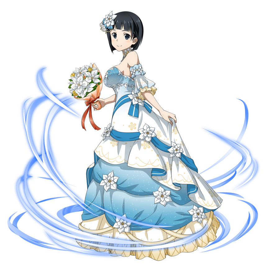 1girl bangs black_eyes black_hair blue_dress blunt_bangs bouquet bow breasts choker closed_mouth detached_sleeves dress flower from_side full_body hair_flower hair_ornament highres holding holding_bouquet kirigaya_suguha large_breasts layered_dress layered_sleeves long_dress looking_at_viewer official_art print_dress red_bow red_ribbon ribbon shiny shiny_hair short_hair sideboob sketch skirt_hold sleeveless sleeveless_dress solo strapless strapless_dress sword_art_online sword_art_online:_memory_defrag transparent_background wedding_dress white_dress white_flower