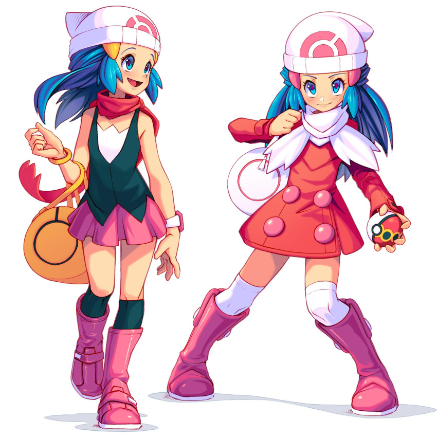 1girl arnaud_tegny bag beanie black_legwear blue_eyes blue_hair blush boots bracelet closed_mouth coat commentary hikari_(pokemon) duffel_bag eyelashes hat highres holding holding_poke_ball jewelry kneehighs knees long_sleeves multiple_views open_mouth over-kneehighs pink_footwear poke_ball pokemon pokemon_(game) pokemon_dppt pokemon_platinum red_coat red_scarf repeat_ball scarf smile thigh-highs tongue white_background white_bag white_headwear white_legwear white_scarf yellow_bag