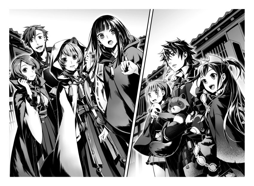 2boys 5girls :d animal_ears animal_on_shoulder arm_up bangs bird bird_on_shoulder blunt_bangs border carrying firo_(tate_no_yuusha_no_nariagari) glass_(tate_no_yuusha_no_nariagari) greyscale hakama holding holding_mask hood hood_up iwatani_naofumi japanese_clothes kazayama_kizuna kimono l'arc_berg_sickle long_sleeves looking_at_viewer mask miko minami_seira monochrome multiple_boys multiple_girls novel_illustration official_art open_mouth raccoon raccoon_ears raccoon_girl raphtalia ribbon-trimmed_sleeves ribbon_trim rishia_ivyred shiny shiny_hair smile split_screen sweatdrop tate_no_yuusha_no_nariagari therese_alexanderite two_side_up white_border wide_sleeves