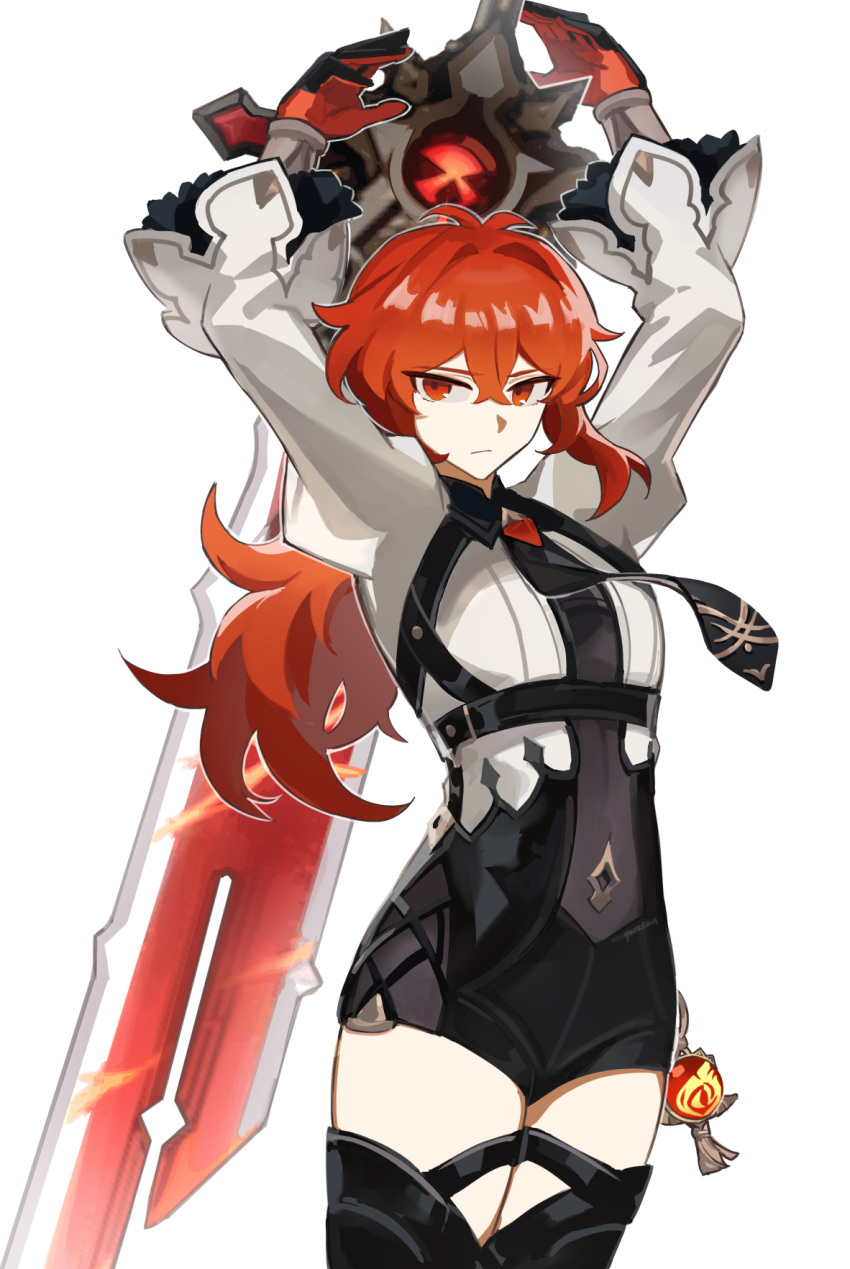 1boy arms_up bangs black_legwear black_neckwear closed_mouth cosplay crossdressinging diluc_(genshin_impact) english_commentary eula_(genshin_impact) eula_(genshin_impact)_(cosplay) fur_trim genshin_impact gloves hair_between_eyes highres iwis long_hair long_sleeves male_focus necktie ponytail red_eyes redhead simple_background solo sword thigh-highs vision_(genshin_impact) weapon white_background