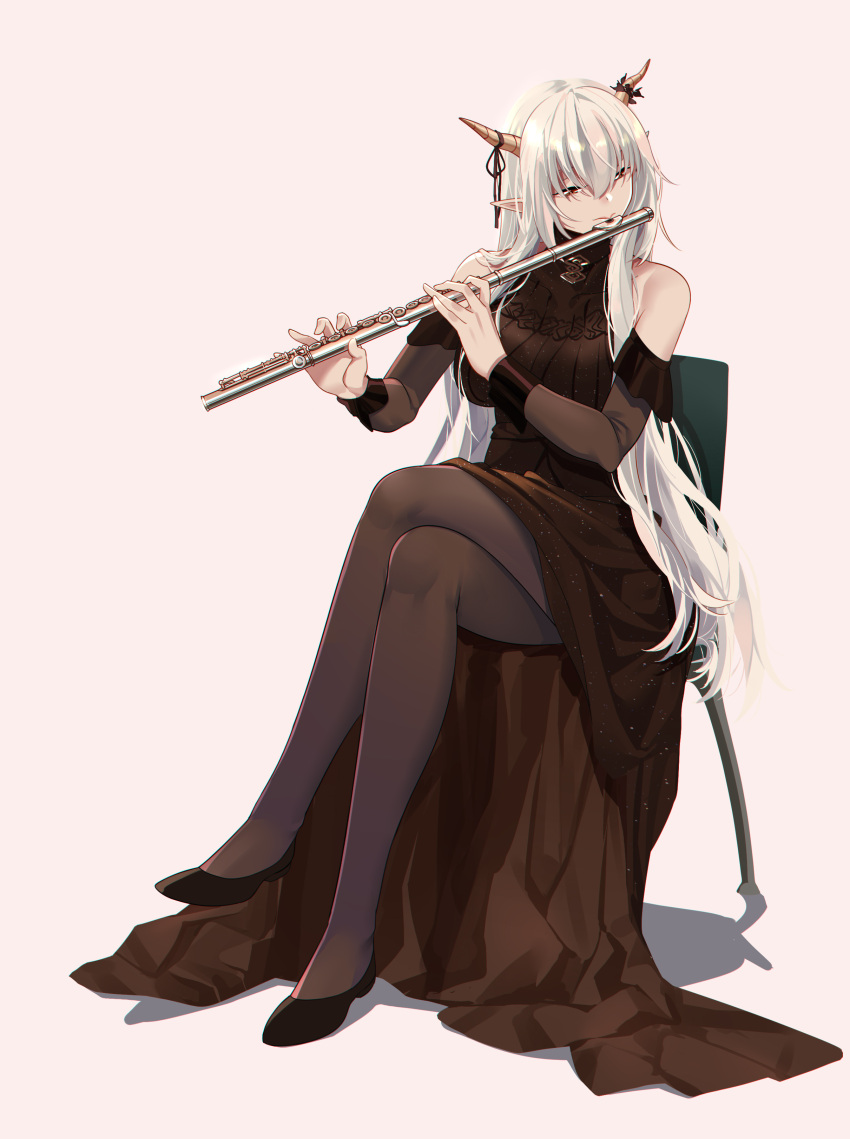 1girl absurdres arknights black_dress black_footwear black_legwear chair commentary crossed_legs dress flute grey_background highres holding holding_instrument horns instrument long_hair music official_alternate_costume pantyhose playing_instrument pointy_ears shijie_jianfa shining_(arknights) shoes silver_hair simple_background solo very_long_hair