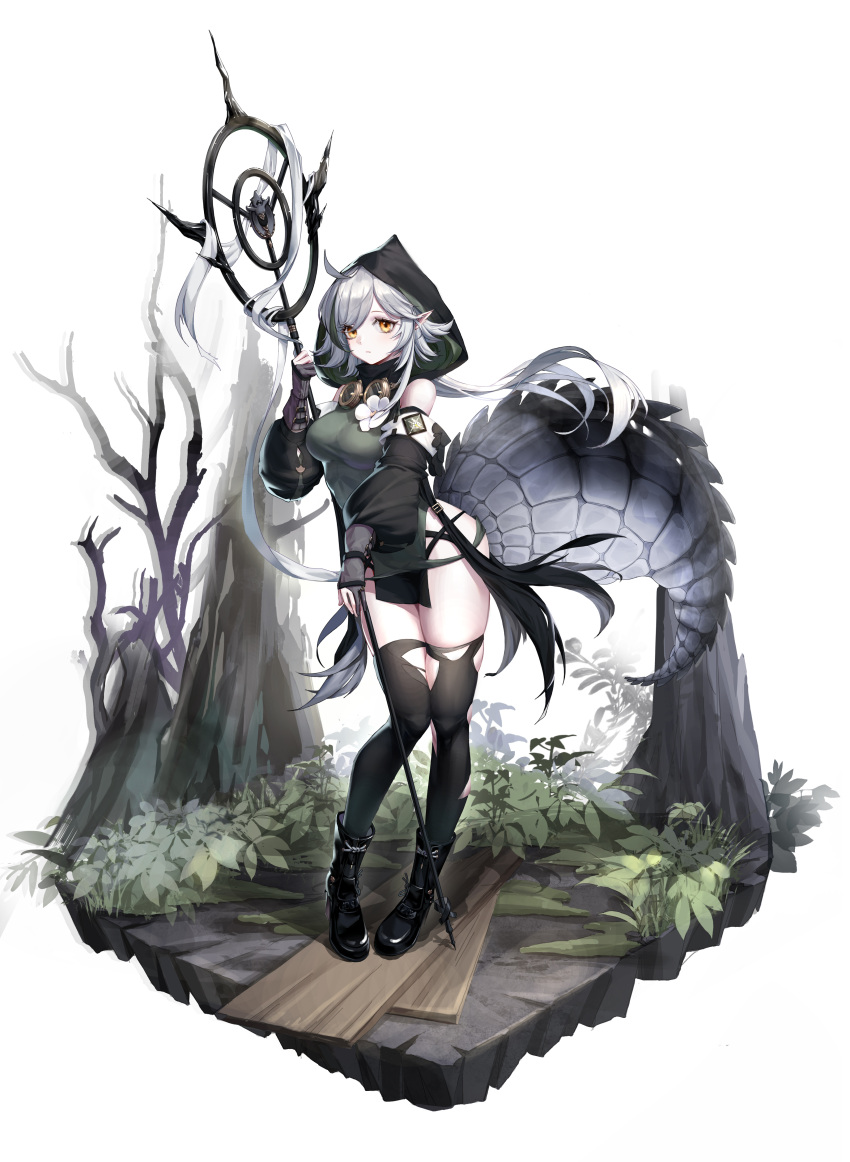 1girl absurdres ahoge arknights bangs black_footwear black_legwear boots breasts crocodilian_tail flower full_body highres holding holding_staff hood huanxing_zhenkong- large_tail long_hair looking_at_viewer medium_breasts pointy_ears silver_hair simple_background solo staff standing tail thigh-highs thighs tomimi_(arknights) white_background white_flower yellow_eyes