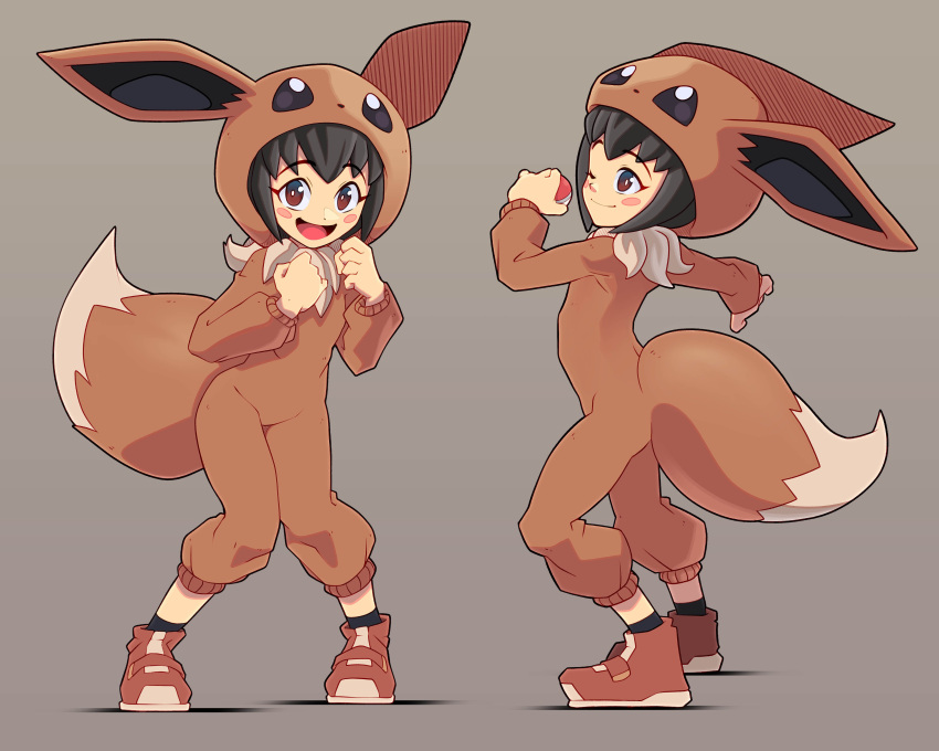 1girl ;) absurdres arnaud_tegny bangs black_hair black_legwear blush_stickers brown_eyes brown_footwear clenched_hands commentary cosplay eevee eevee_(cosplay) gen_1_pokemon grey_background hands_up highres holding holding_poke_ball hood hood_up legs_apart multiple_views one_eye_closed open_mouth poke_ball poke_ball_(basic) poke_kid_(pokemon) pokemon pokemon_(game) pokemon_swsh shoes short_hair smile socks standing tongue