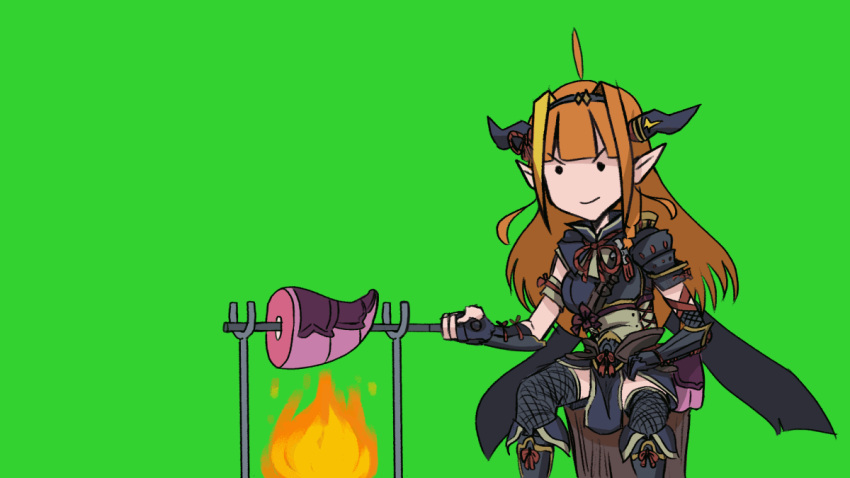 1girl ahoge animated animated_gif armor bangs blonde_hair blunt_bangs cannibalism closed_mouth cooking dragon_girl dragon_tail fire green_background hololive horns kiryu_coco long_hair monster_hunter_(series) multicolored_hair orange_hair pointy_ears ribbon saijou_(box_of_randomness) severed_tail simple_background sitting skewer solid_circle_eyes solo tail tree_trunk two-tone_hair v-shaped_eyebrows