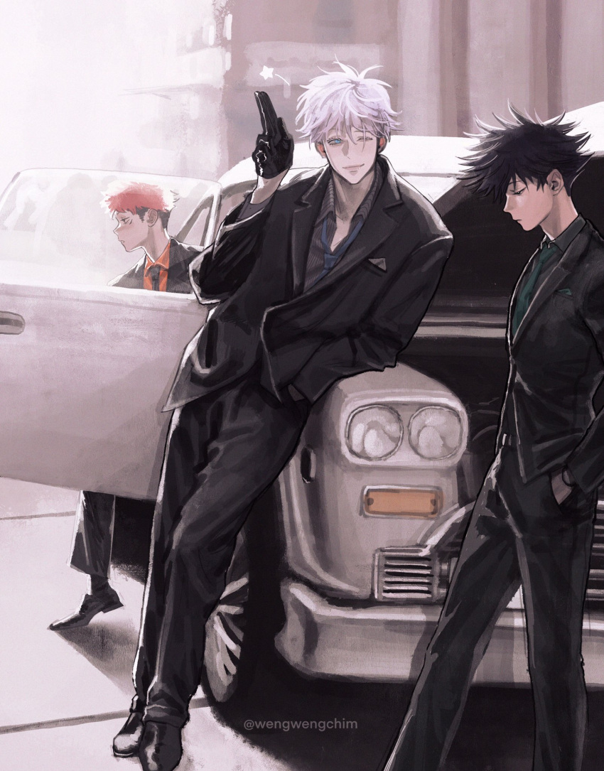 3boys black_eyes black_gloves black_legwear black_shirt blue_eyes brown_eyes car collared_shirt dress_shirt feet_out_of_frame formal full_body fushiguro_megumi gloves gojou_satoru ground_vehicle half-closed_eyes hand_up hands_in_pockets highres itadori_yuuji jujutsu_kaisen leaning_to_the_side looking_to_the_side male_focus motor_vehicle multicolored_hair multiple_boys necktie one_eye_closed open_door open_hood oxfords parted_lips pink_hair red_shirt salute shirt short_hair smile spiky_hair standing star_(symbol) striped striped_shirt suit two-finger_salute two-tone_hair undercut wengwengchim white_hair