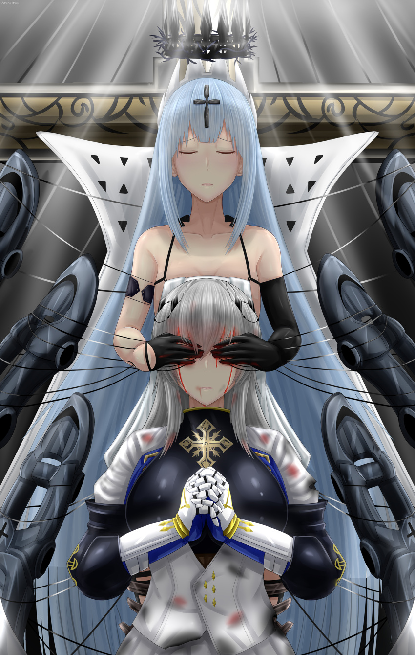 2girls absurdres archstreal asymmetrical_gloves azur_lane bangs bare_shoulders black_gloves blindfold blood blood_on_face bloody_clothes blue_hair breasts champagne_(azur_lane) closed_eyes closed_mouth collarbone covering_eyes cross_hair_ornament crown eyebrows_visible_through_hair gauntlets gloves grey_hair hair_ornament highres large_breasts long_hair multiple_girls saint-louis_(azur_lane) sitting standing very_long_hair