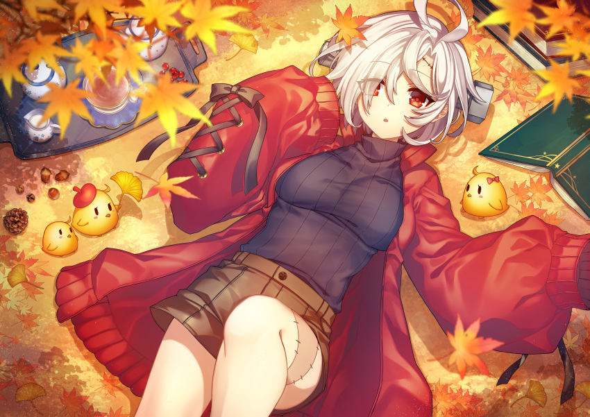 1girl absurdres autumn_leaves azur_lane black_ribbon black_sweater breasts brown_skirt coat eyebrows_visible_through_hair from_above hair_over_one_eye highres huge_filesize kuzuhamire leaf looking_at_viewer looking_up lying manjuu_(azur_lane) maple_leaf medium_breasts miniskirt on_back open_clothes open_coat red_coat red_eyes ribbon skirt solo stitches sweater terror_(azur_lane) turtleneck white_hair