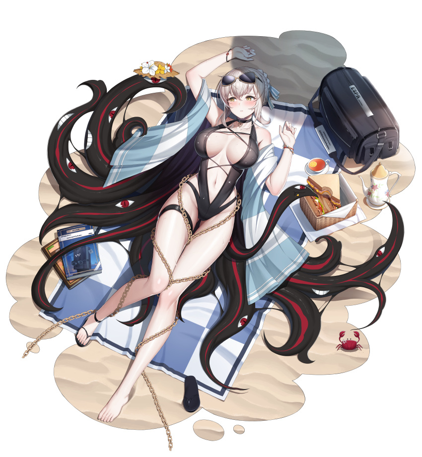 1girl absurdres anger_vein arm_up ass_visible_through_thighs barefoot black_swimsuit blush bracelet breasts brown_eyes chain choker counter_side crab eyewear_on_head flip-flops grey_hair highres huge_filesize jewelry large_breasts lying navel official_art on_back one-piece_swimsuit parted_lips picnic_basket sand sandals sandwiched shoe_removed shoes short_hair simple_background single_shoe solo sunglasses swimsuit tentacles thigh_strap transparent_background