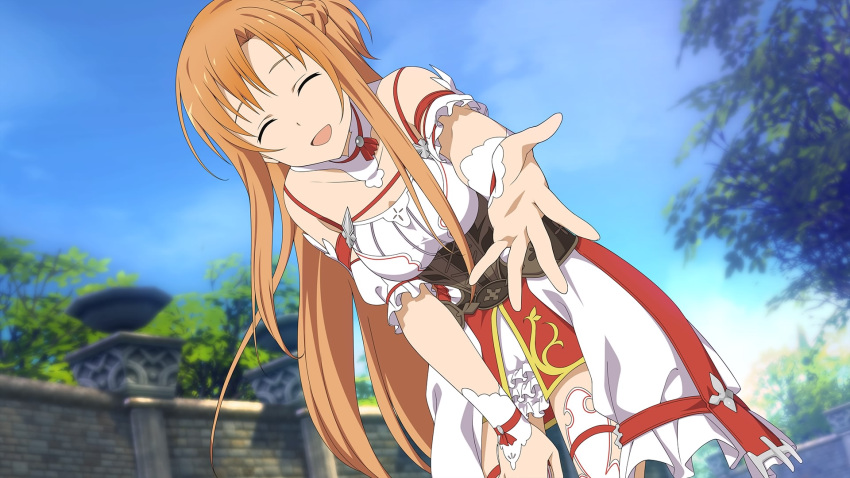 1girl :d ^_^ arm_strap asuna_(sao) bangs bent_over blue_sky blurry blurry_background braid breasts brown_hair closed_eyes collarbone day detached_collar facing_viewer floating_hair french_braid from_below game_cg hair_between_eyes hand_on_lap highres layered_skirt long_hair medium_breasts miniskirt open_mouth outdoors pov reaching_out shiny shiny_hair skirt sky smile solo sword_art_online sword_art_online:_hollow_realization underbust very_long_hair white_skirt