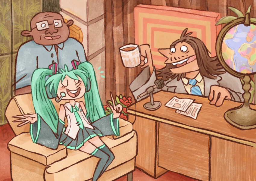 1girl 2boys coffee_mug crossover cup desk detached_sleeves eric_andre formal globe green_hair hannibal_buress hatsune_miku headset highres interview long_hair mug multiple_boys necktie open_mouth skirt suit sylaride the_eric_andre_show thigh-highs twintails u_u very_long_hair vocaloid