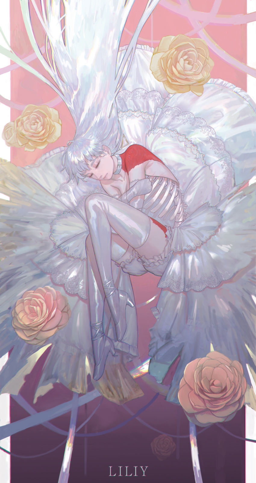 1girl absurdres bangs boots closed_eyes dress elbow_gloves expressionless fetal_position flower full_body gloves highres original rose shadow silver_footwear solo thigh-highs thigh_boots usukuchi_(impasto_life) white_dress yellow_flower yellow_rose