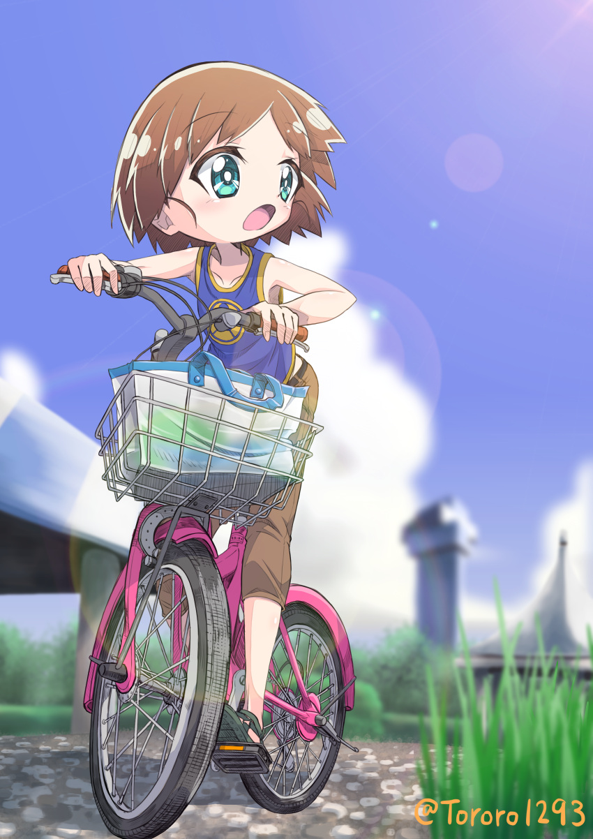1girl absurdres bag bangs bicycle black_footwear blue_eyes blue_shirt blue_sky blurry blurry_background blurry_foreground brown_hair brown_pants capri_pants casual clouds cloudy_sky commentary depth_of_field eyebrows_visible_through_hair girls_und_panzer grass ground_vehicle highres huge_filesize lens_flare looking_to_the_side ooarai_marine_tower open_mouth outdoors pants riding_bicycle sakaguchi_karina sandals shirt short_hair sky solo tank_top twitter_username yamakake_(tororo1293)