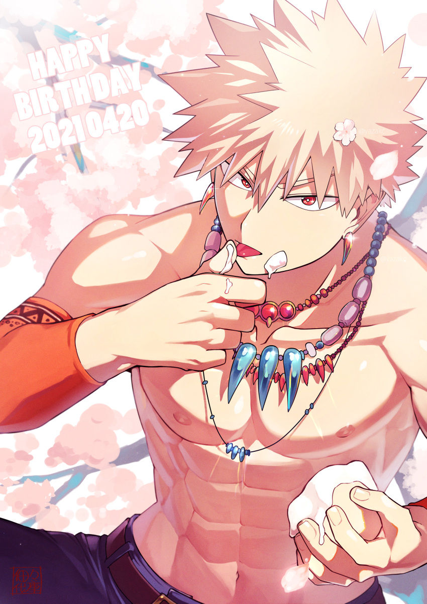 1boy abs absurdres arm_warmers artist_name bakugou_katsuki belt birthday blonde_hair boku_no_hero_academia cherry_blossoms collarbone commentary_request dated earrings eyebrows_behind_hair finger_licking fingernails flower food food_on_face glint happy_birthday highres holding holding_food jewelry licking looking_at_viewer male_focus navel necklace nipples official_alternate_costume pants pectorals petals pink_flower red_eyes sanpaku shirtless short_hair solo spiky_hair symbol_commentary tongue yazakc