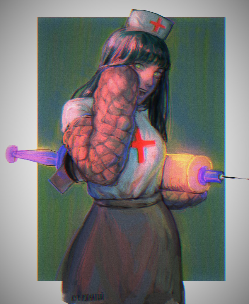 1girl artist_name black_hair character_request chromatic_aberration cross dorohedoro green_eyes grey_skirt hat highres holding holding_syringe long_hair looking_at_viewer nurse nurse_cap open_mouth r3p4aty_bow signature skirt solo syringe teeth white_headwear