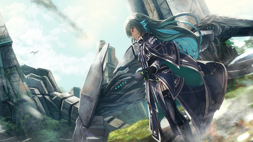 1girl absurdres ark_survival_evolved black_gloves black_legwear blue_hair boots cloak colored_inner_hair day dutch_angle garter_straps gloves green_hair grin highres holding holding_mask huge_filesize kitakouji_hisui knee_boots long_hair mask multicolored_hair namako_(namacotan) nijisanji orange_eyes outdoors pelvic_curtain ruins sharp_teeth skirt smile standing teeth thigh-highs very_long_hair virtual_youtuber