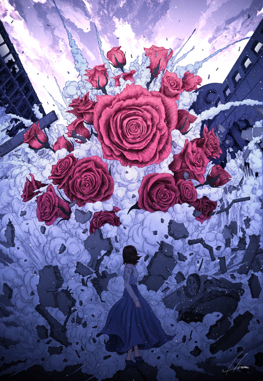 1girl aqua_skirt black_hair car clouds cloudy_sky destruction flower ground_vehicle highres hipy_(image_oubliees) long_skirt medium_hair motor_vehicle original red_flower red_rose rose shirt shirt_tucked_in signature skirt sky smoke solo standing white_shirt wide_shot