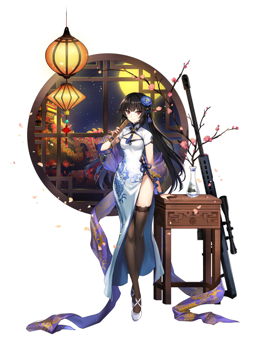 1girl absurdres anti-materiel_rifle barrett_m82 black_hair black_legwear black_panties bracelet breasts china_dress chinese_clothes closed_mouth counter_side crossed_ankles dress eyebrows_visible_through_hair fan flower folding_fan gun hair_flower hair_ornament highres huge_filesize jewelry lantern long_dress long_hair nail_polish night official_art panties paper_lantern petals pink_nails red_eyes rifle side_slit sidelocks simple_background small_breasts smile sniper_rifle solo thigh-highs transparent_background underwear weapon white_dress