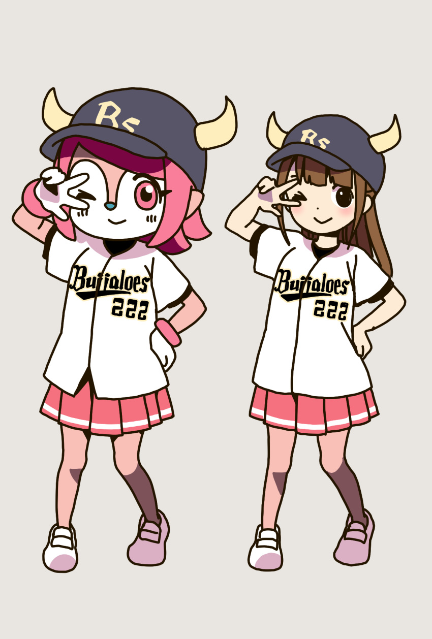 2girls ;) bangs baseball_cap baseball_jersey baseball_uniform black_headwear blunt_bangs blush brown_hair buffalo_bell buffalo_bell_(cosplay) closed_mouth clothes_writing commentary cosplay cow_horns crossover dot_nose full_body gloves grey_background hand_on_hip hand_up hat highres hitoribocchi_no_marumaru_seikatsu honshou_aru horned_headwear horns katsuwo_(cr66g) long_hair mascot matching_outfit medium_hair miniskirt multiple_girls nippon_professional_baseball one_eye_closed orix_buffaloes pink_hair pink_skirt pleated_skirt pose shirt short_sleeves side-by-side sidelocks simple_background skirt smile sportswear standing striped striped_skirt w w_over_eye white_footwear white_gloves white_shirt