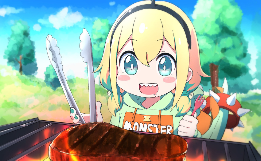 1girl aimusu amano_pikamee barbecue blonde_hair blue_eyes blush_stickers bracelet breasts clouds day dinosaur_tail english_text food grass grill hair_between_eyes hairband highres hood hoodie jewelry meat medium_breasts nail_polish outdoors saliva sharp_teeth smile solo spiked_bracelet spikes steak tail teeth tongs tree virtual_youtuber voms