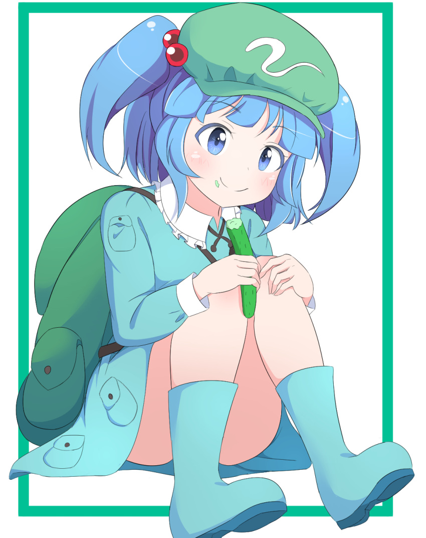 1girl backpack bag blue_eyes blue_footwear blue_hair blue_shirt blue_skirt boots border commentary convenient_leg cucumber eyebrows_visible_through_hair flat_cap food food_on_face green_border green_headwear hair_bobbles hair_ornament hat highres holding holding_food kawashiro_nitori knees_to_chest knees_together_feet_apart light_blush long_sleeves looking_down looking_to_the_side outside_border rubber_boots shirt short_hair simple_background sitting skirt smile solo touhou two_side_up ukigori white_background