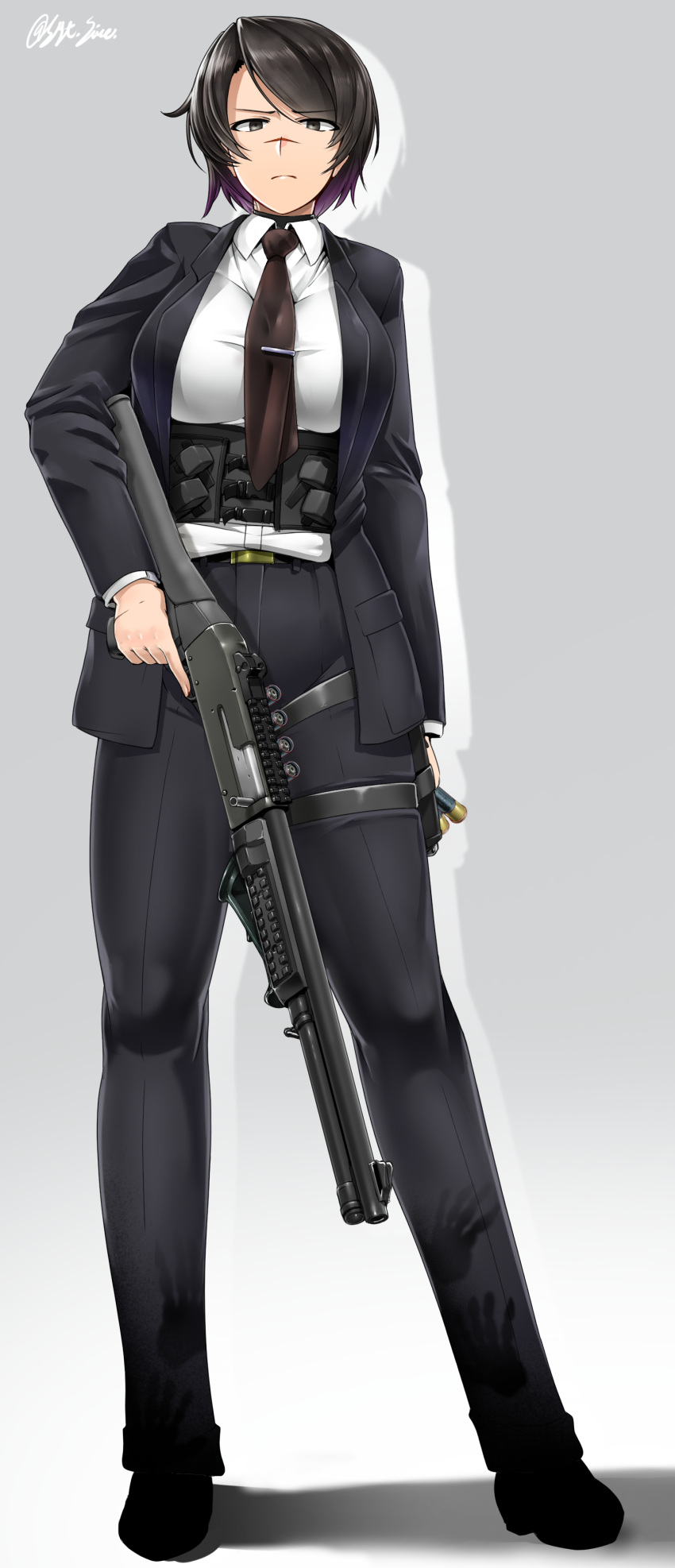 1girl absurdres bangs belt benelli_m1014 black_footwear black_legwear bullet formal genderswap genderswap_(mtf) gun highres holding holding_weapon john_wick john_wick_(character) looking_at_viewer necktie panties saizu_nitou_gunsou shirt shotgun simple_background solo suit underwear weapon white_shirt