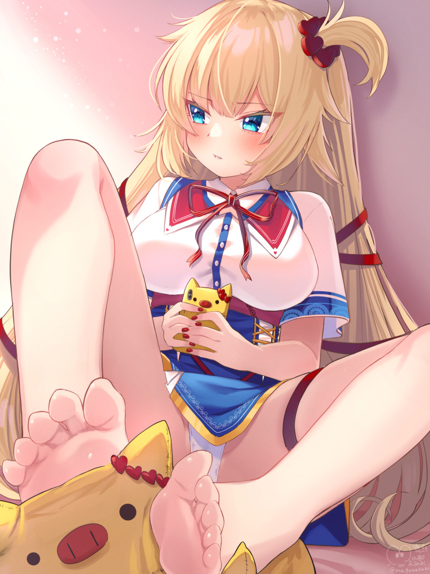 1girl akai_haato bangs bare_legs barefoot blonde_hair blue_eyes blue_skirt blush breasts cellphone commentary_request dress_shirt eyebrows_visible_through_hair feet fingernails full_body haaton_(akai_haato) hair_ribbon high-waist_skirt highres holding holding_phone hololive large_breasts long_hair looking_away magowasabi nail_polish neck_ribbon one_side_up panties phone red_nails red_neckwear red_ribbon ribbon shirt short_sleeves sidelocks sitting skirt smartphone solo stuffed_animal stuffed_toy thigh_strap toes underwear very_long_hair virtual_youtuber white_panties white_shirt