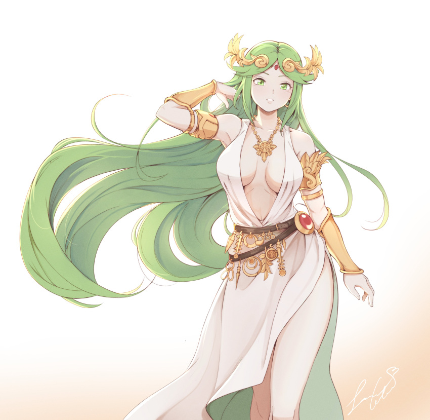 1girl absurdres breasts dress forehead_jewel green_eyes green_hair hair_ornament highres jewelry kid_icarus laurel_crown legs long_hair long_legs looking_at_viewer necklace palutena pendant pit_(kid_icarus) senacolada side_slit simple_background solo strapless strapless_dress super_smash_bros. thighs tiara very_long_hair
