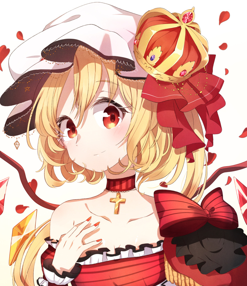 1girl alternate_costume ametama_(runarunaruta5656) bangs blonde_hair blush bow breasts choker collarbone cross cross_necklace crown crystal dress eyebrows_visible_through_hair flandre_scarlet frilled_dress frilled_sleeves frills hair_between_eyes hat highres jewelry looking_at_viewer medium_hair mob_cap nail_polish necklace off-shoulder_dress off_shoulder one_side_up petals puffy_sleeves red_bow red_choker red_dress red_eyes red_nails ribbon smile solo symbol_commentary touhou upper_body white_background white_headwear wings