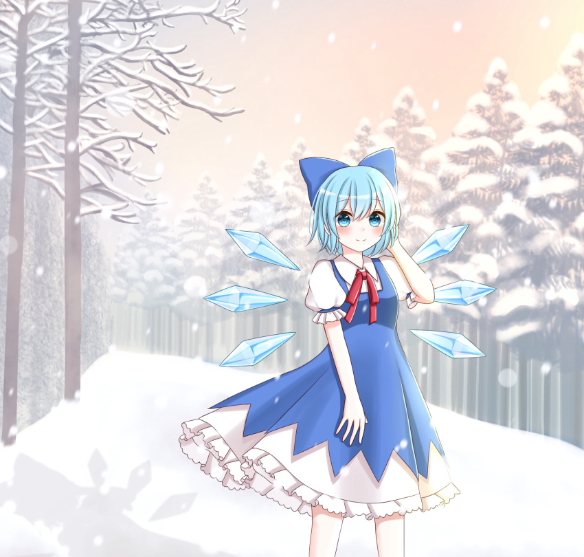 1girl bangs bare_tree blue_bow blue_dress blue_eyes blue_hair blush bow breasts cirno closed_mouth dress eyebrows_visible_through_hair feet_out_of_frame hand_in_hair hand_up highres ice ice_wings outdoors petticoat pinafore_dress piyoru_nico puffy_short_sleeves puffy_sleeves red_neckwear red_ribbon ribbon short_hair short_sleeves small_breasts smile snowing solo standing touhou tree twilight vanishing_point wings